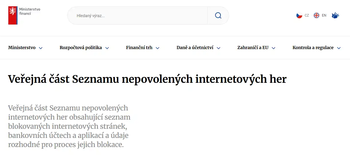 Zobrazení veřejného regulatorního seznamu Ministerstva financí ČR se záznamem spinbetter.com